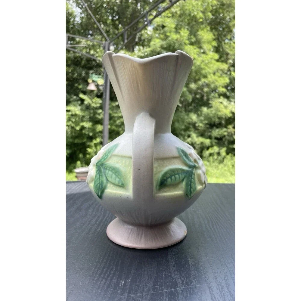 8.25in Roseville 1950s Gardenia Gray/ Purple  White Blossom Bulbous Vase #684-8